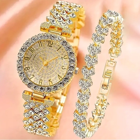 2 Piece: Gold Tone Stainless Steel Rhinestone Watch w/Rhinestone Bracelet, NIP - Picture 2 of 6